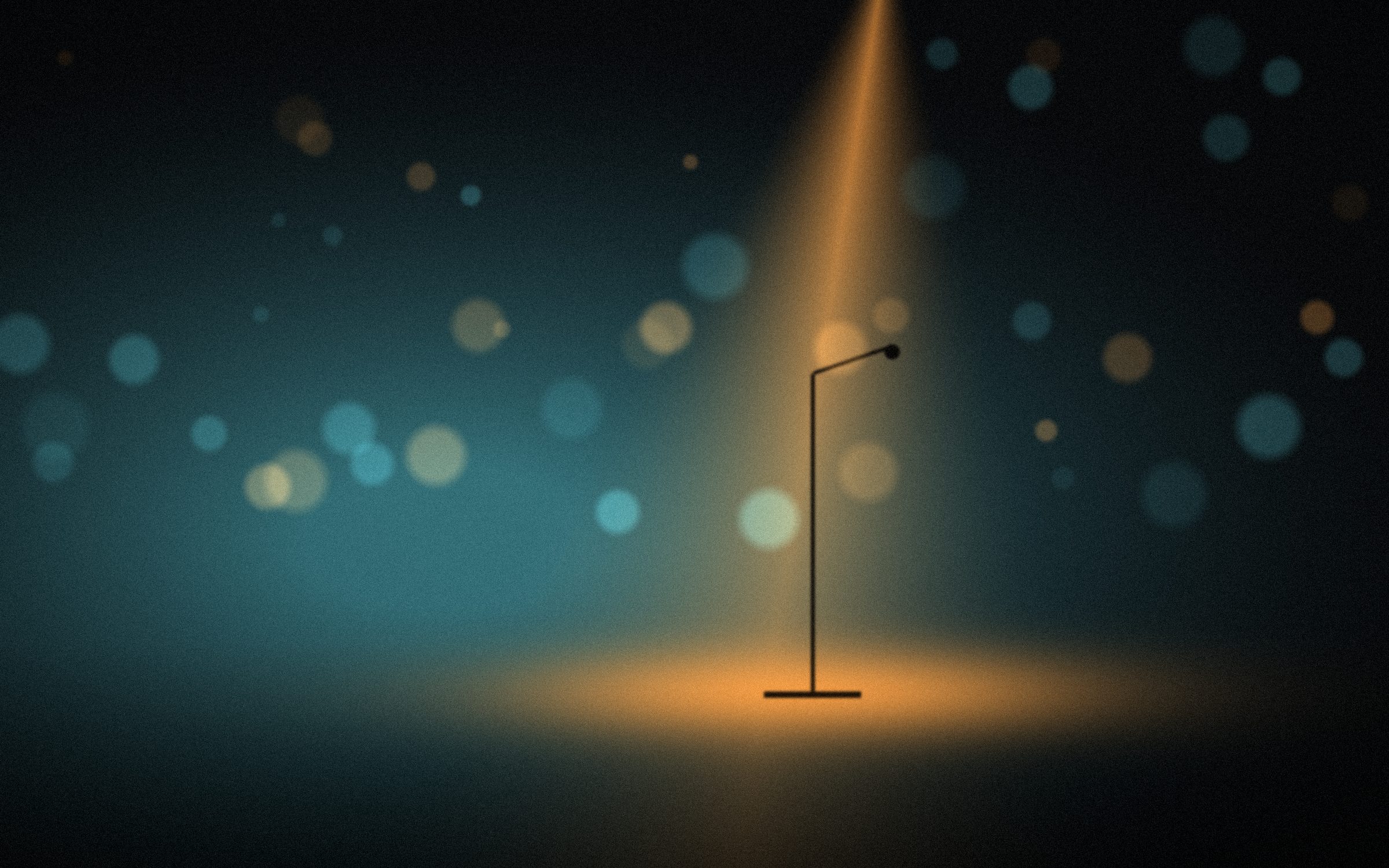 An empty stage in blue haze, a single microphone stand in a pool of amber light